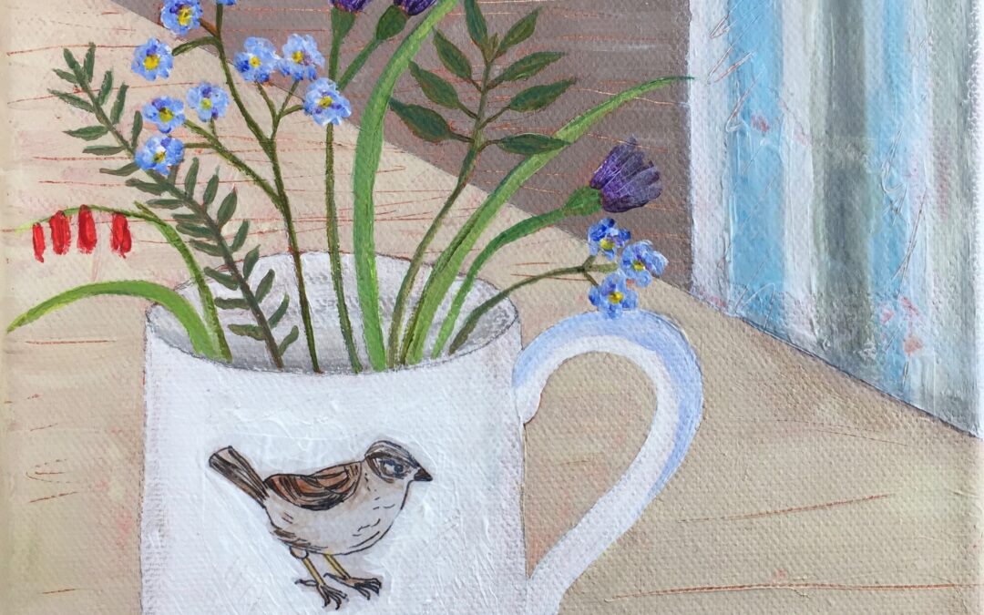 Sparrow Mug with Flowers   SOLD