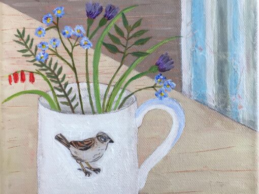 Sparrow Mug with Flowers   SOLD