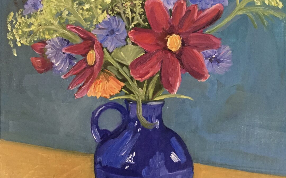 Garden Flowers in a Blue Glass Jug