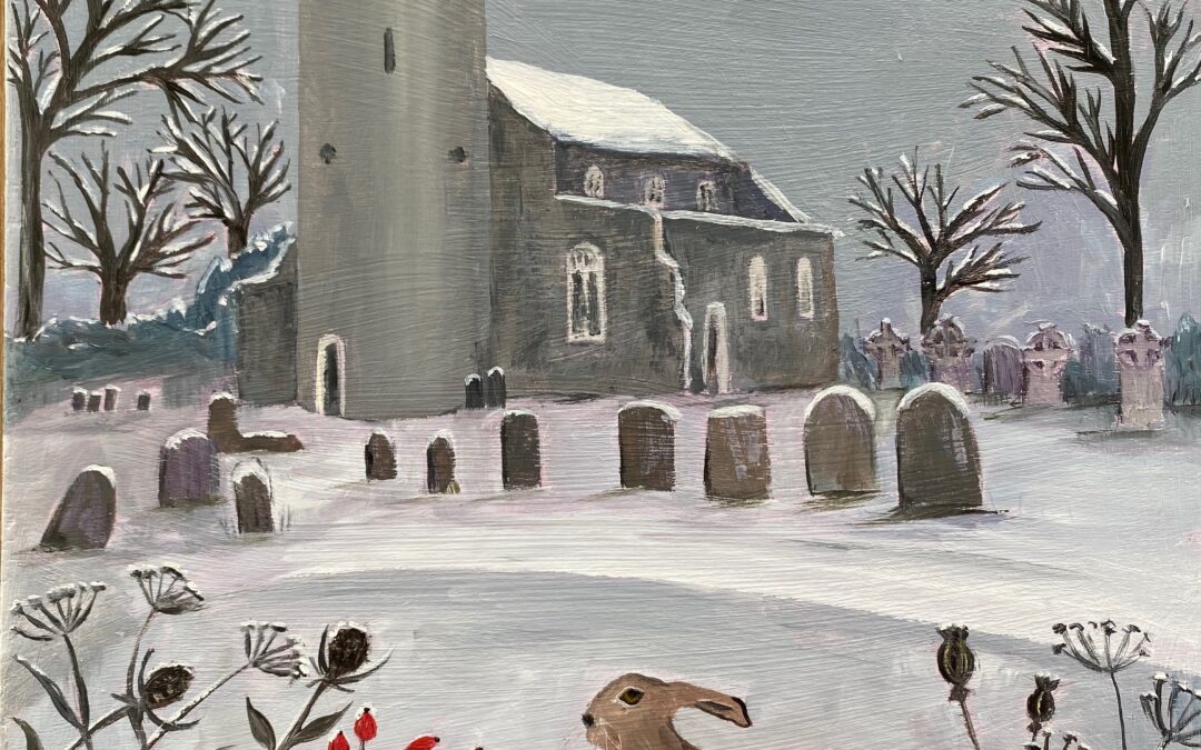 Snowy St. Peter’s with a hare.  SOLD