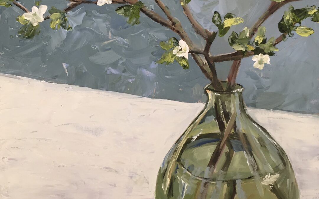 Blossom in a green glass vase  SOLD