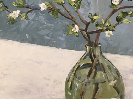 Blossom in a green glass vase  SOLD
