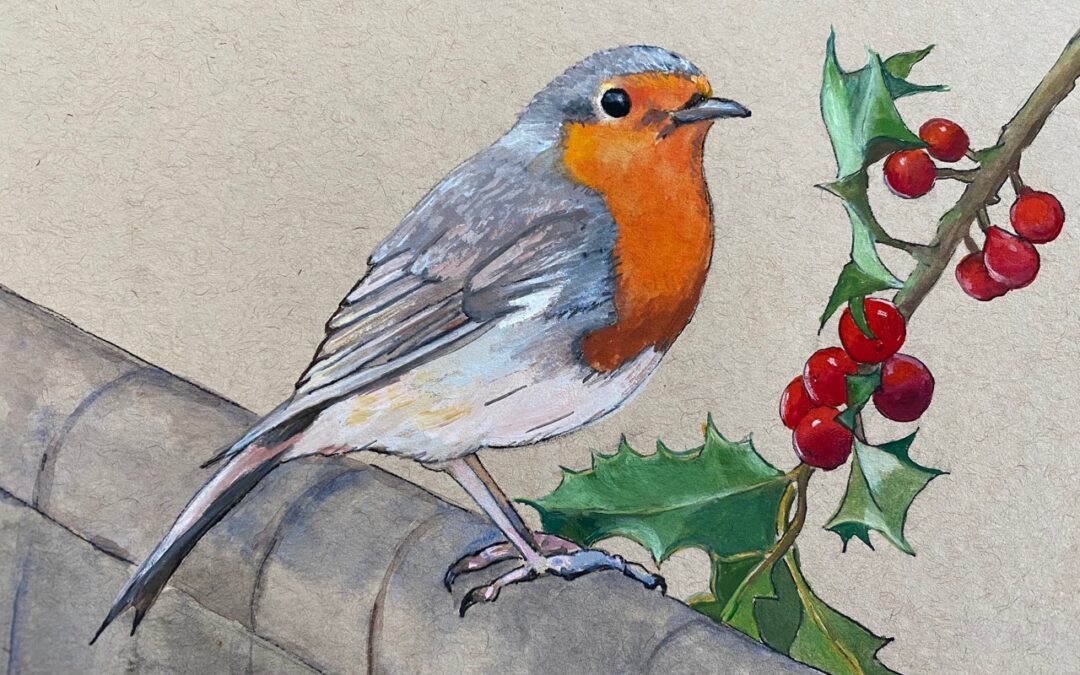 Robin with holly  SOLD